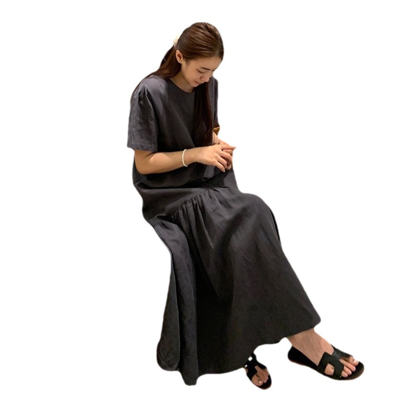 Picture of Japanese summer new style loose slimming short sleeve cotton linen dress women's casual retro to ankle Mori women's long skirt