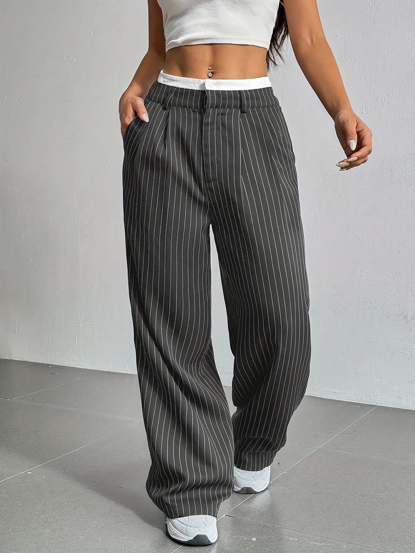 Picture of 2025 Spring and Summer New Cross-border Design Sense Pants Casual High Waist Stitching Pants Simple Dosing Sense Loose Straight Leg Pants