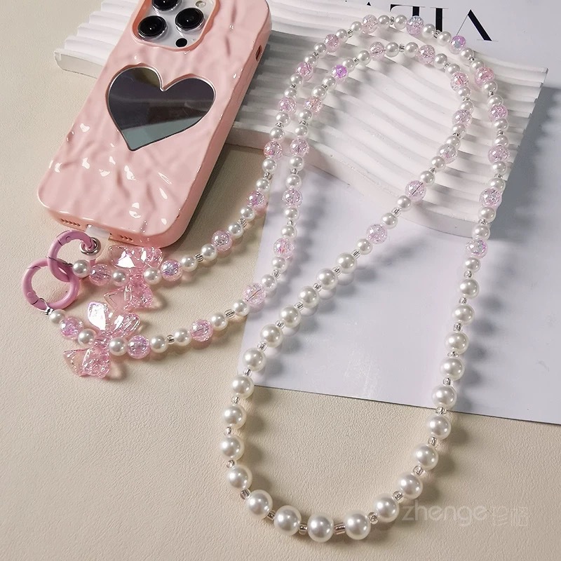 Gentle and Fresh Elegant Girl's Bow Pearl Crossbody Chain Mobile Phone Lanyard Punch-free Luggage Accessories Pendant
