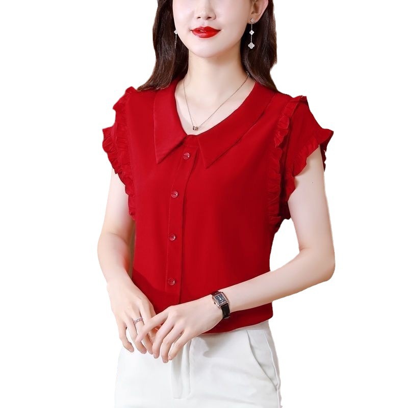 Picture of Age-Reducing Belly-Covering Slimming Doll Collar Chiffon Shirt Women's Short-Sleeved Summer Stylike Top Solid Color Ruffled Shirt