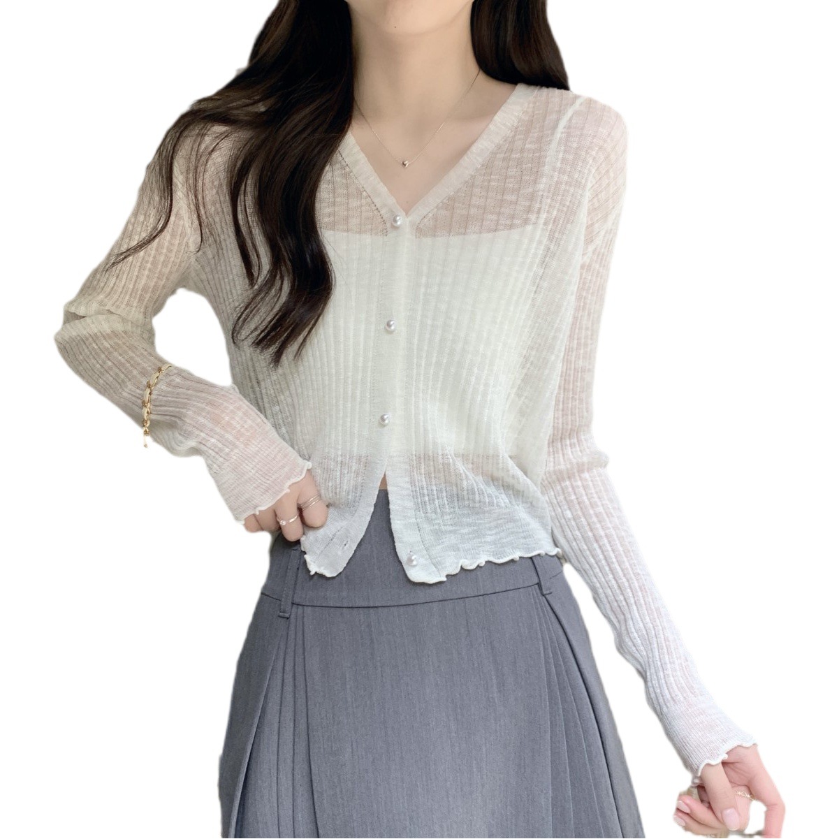 2025 Summer Sun Protection Cardigan for Women, Thin and Loose with Ruffled Edges, Short Knit Shawl for Students, Ice Silk Shirt