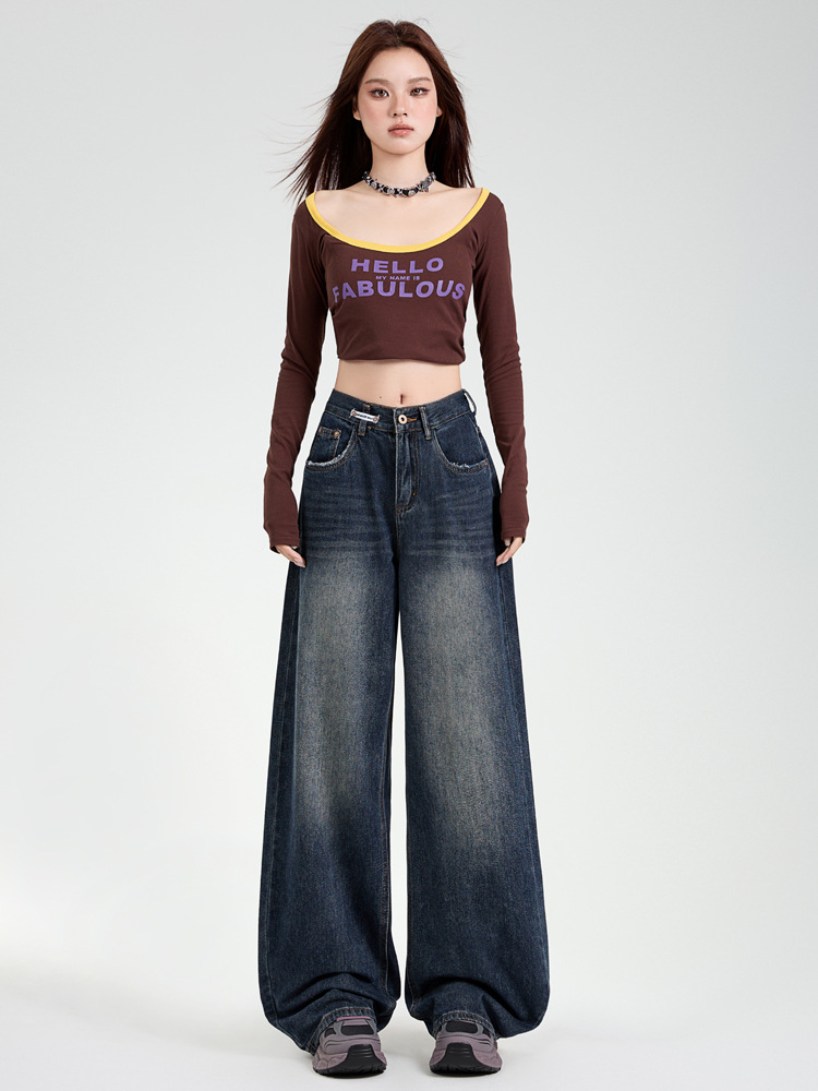 Shascullfites American Style Retro High Street Blue Grey Wide Leg Jeans Women's Slim Look Straight Pants