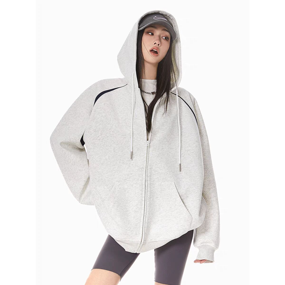 ICH MODE Trendy Cool American Sweater Hooded Women's Casual Retro High Street Cardigan Jacket Women's Spring and Autumn