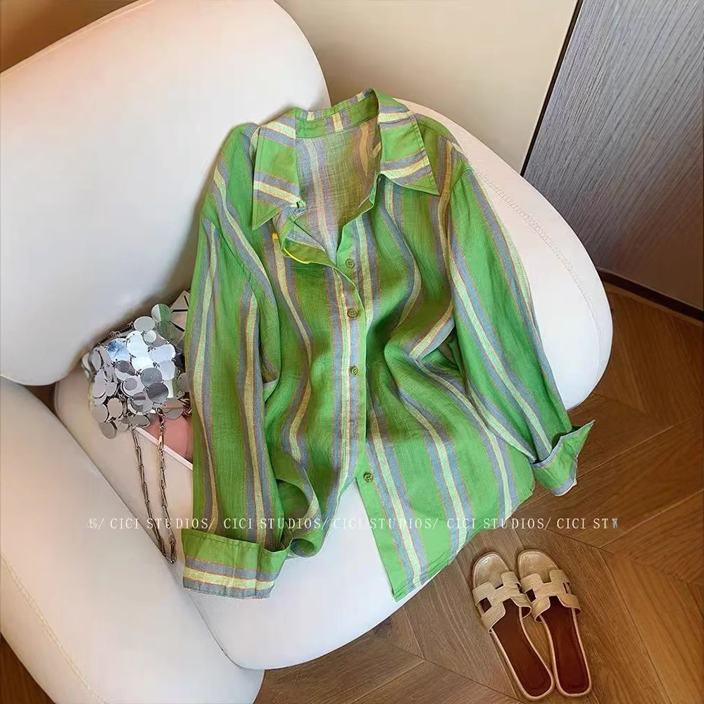 Old Money Style Green Striped Polo Collar Shirt for Women Summer 2025 New Slim Elegant Fashionable Thin Sun Protection Shirt