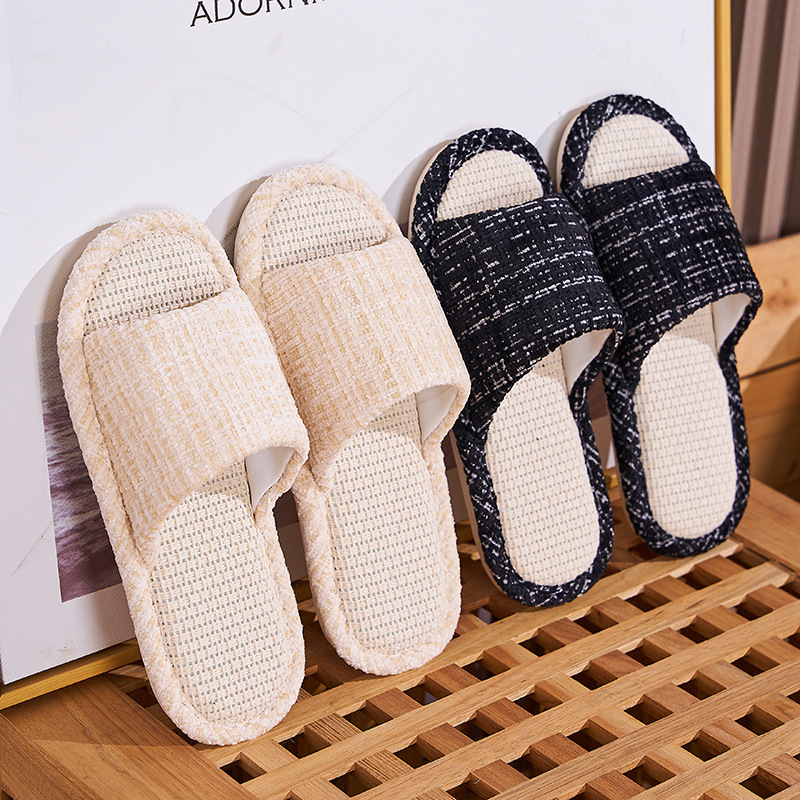 Japanese Linen Slippers Women's Chanel Style Home Slippers Couple's Household Four Seasons Guests Leaky Toe Silent Floor Slippers