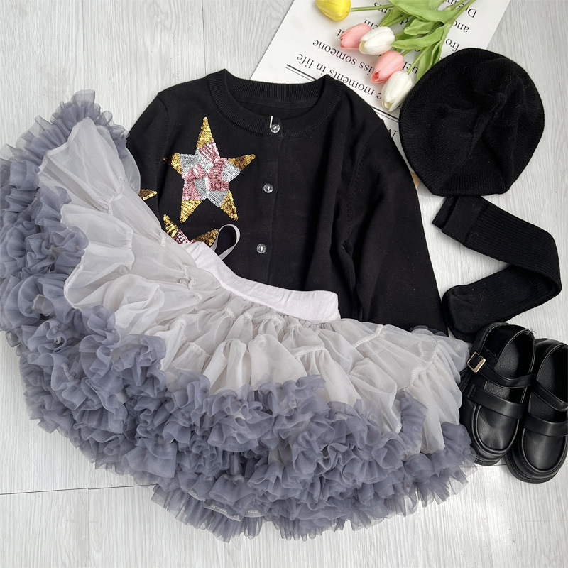 Light Gray and Dark Gray Two-Tone Wide-Waist Tutu Skirt, Gray-White Extra-Large Princess Skirt with a Large Hem