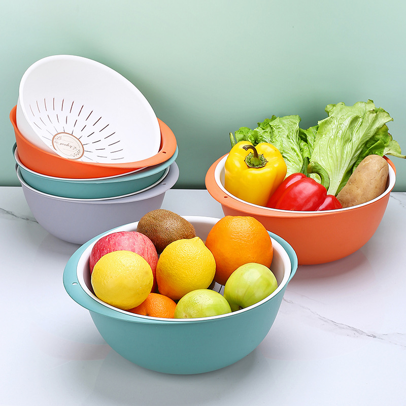 Picture of Double-layer vegetable washing basin draining basket rice washing basket four-piece set kitchen washing fruit plate living room household vegetable washing basin