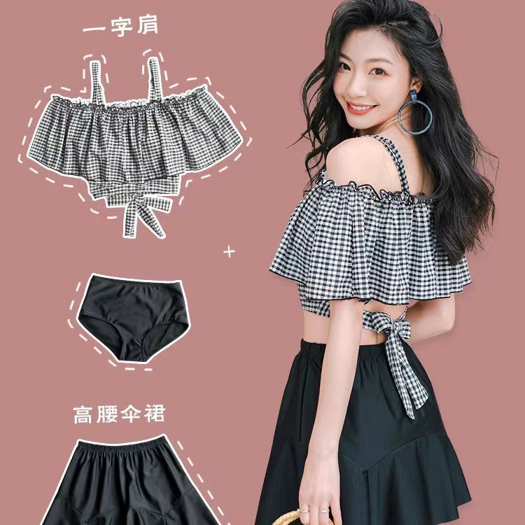 Swimsuit Women's New Summer One-Shoulder Sling Swimsuit South Korea Ins Conservative Belly-Covering Slimming Split Skirt Swimsuit