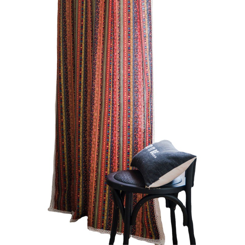 Yiqi Yun Curtains Finished Bohemian Stripesd Printed Cotton and Linen Fabric Kitchen Curtains Semi-Blackout Feng Shui Curtains
