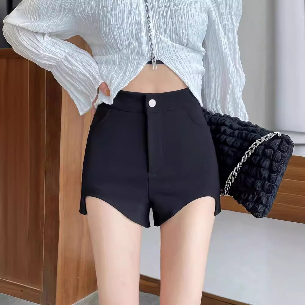 Spring and Summer 2024 New High Waist A- shaped Irregular Hot Pants Tight Black Suit Slim Casual Shorts Women