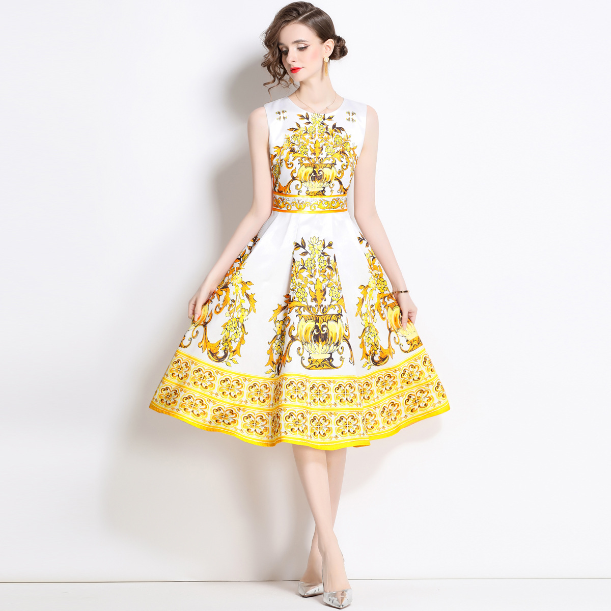 European and American high-end luxury vest skirt fashion round neck waist slim sleeveless A- line celadon printed dress summer