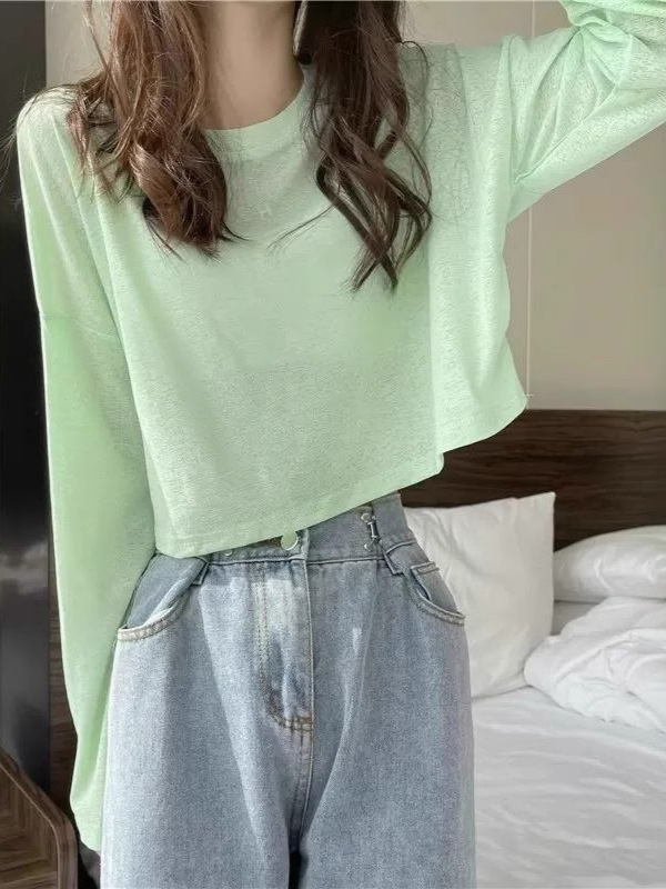 Summer Long-Sleeved Thin Loose Sunscreen Ice Silk Knitted Blouse Women's Short Niche Design Versatile Top Trendy