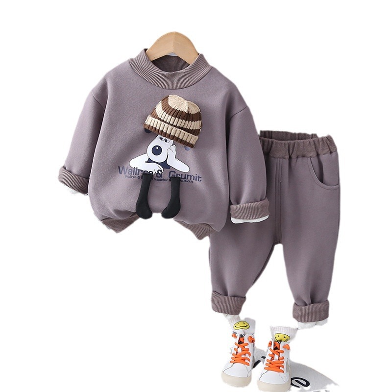 Picture of Baby Boys' winter thick fleece-lined round neck sweater suit children's warm cartoon long sleeve trousers two-piece set Wholesale