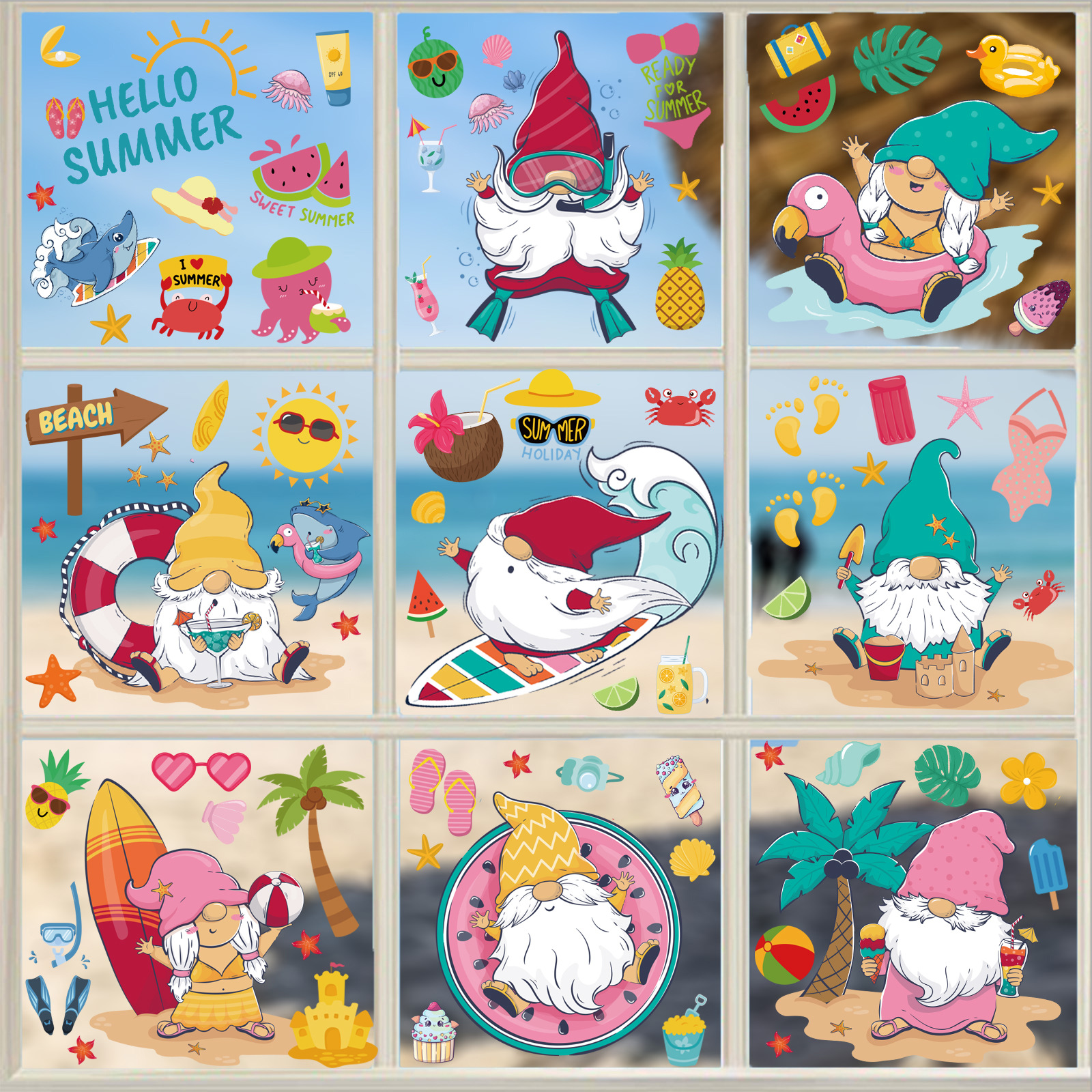 New Amazon cartoon dwarf dwarf summer static window stickers Hawaii festival window glass decorative stickers