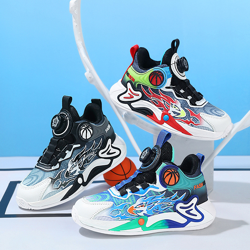 Boys' basketball shoes 2024 new popular boys' sneaker rotating button children's shoes mesh breathable soft bottom