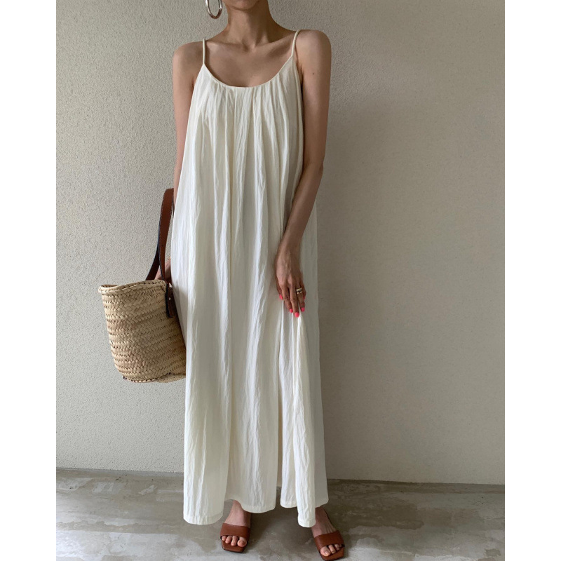 Korean Chic Niche Lazy Style Round Neck Pleated Design Loose Knee-Length Long Sleeveless Suspender Dress for Women