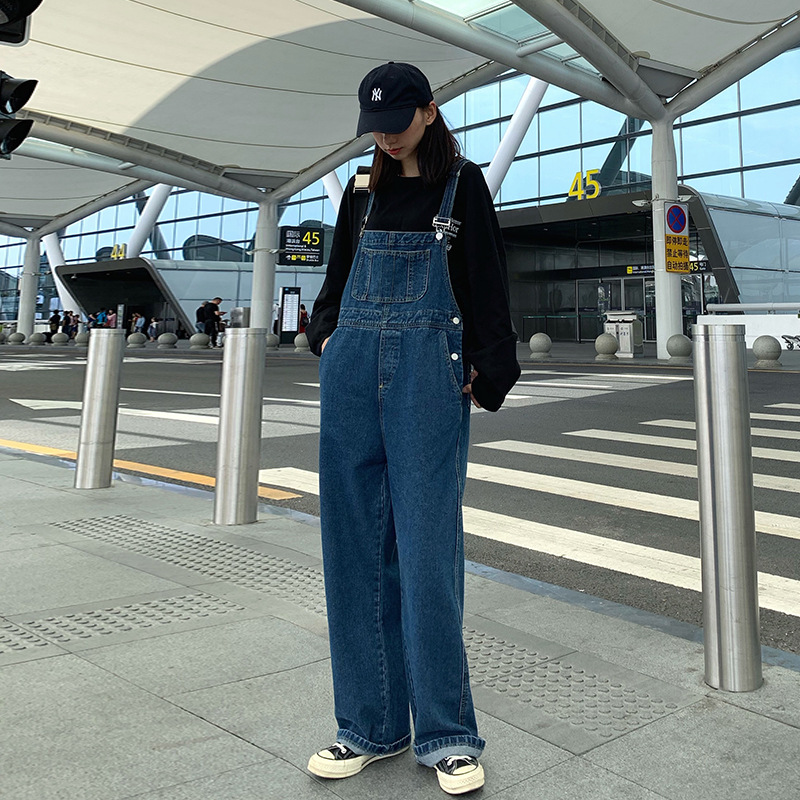 Picture of Japanese Style Versatile Denim Overalls for Women 2024 Spring & Fall New Design Retro Loose Suspenders Wide Leg Long Pants