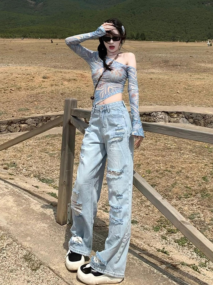 Picture of HoT Girl American ReTro Off-shoulder Long-sleeved T-shirT Women's Summer AsymmeTrical Slim Sexy Sun ProTecTion Mesh Blouse Top