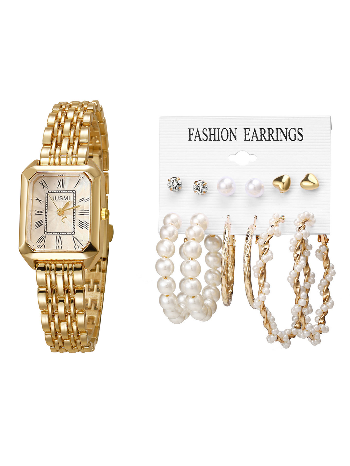 Picture of New Fashion Arabian Pin Mixed Scale Bamboo Steel Band Women Quartz Watch Earrings suit 13pcs