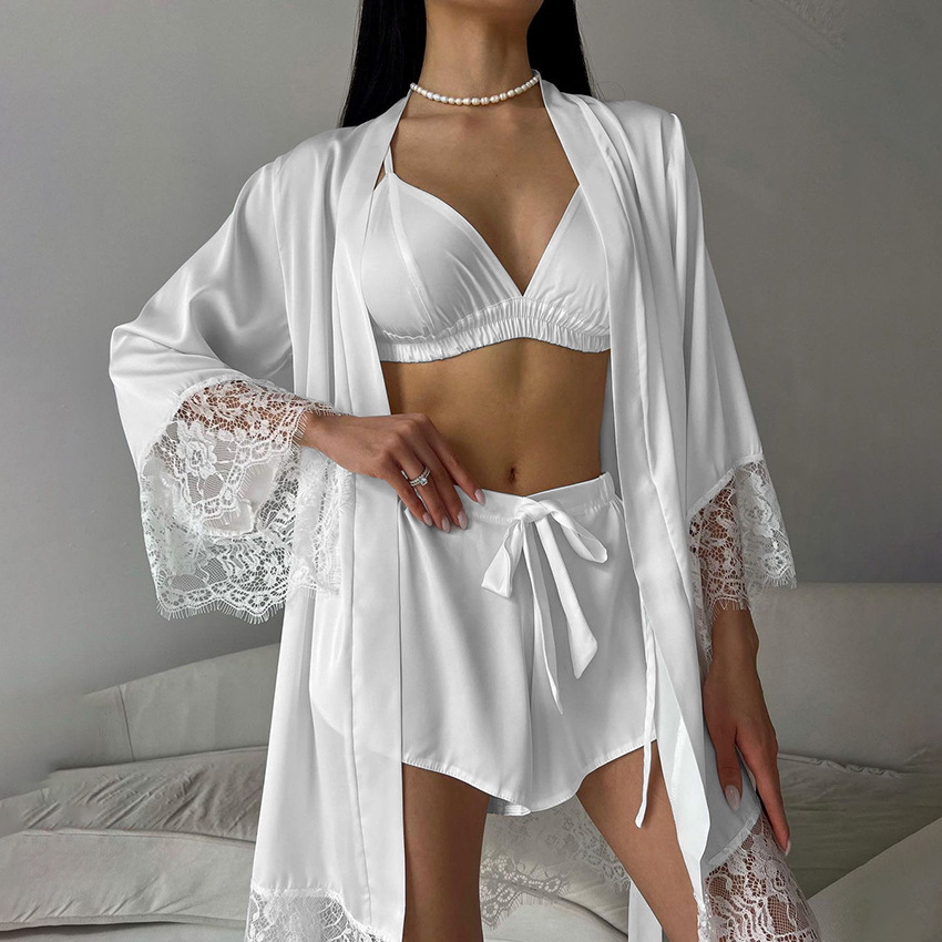 European and American Fashion 2024 Summer New White Lace Comfortable Loose Long Sleeve Underwear Shorts Pajamas Women's Three-piece Set