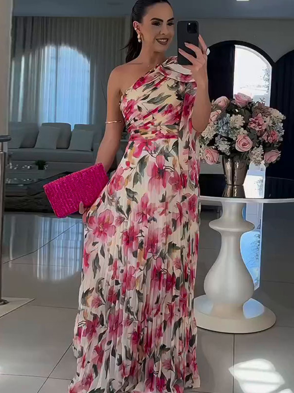 Autumn 2024 New European and American Amazon Elegant Flower Shoulder-Fold Sexy Elegant Printed dress