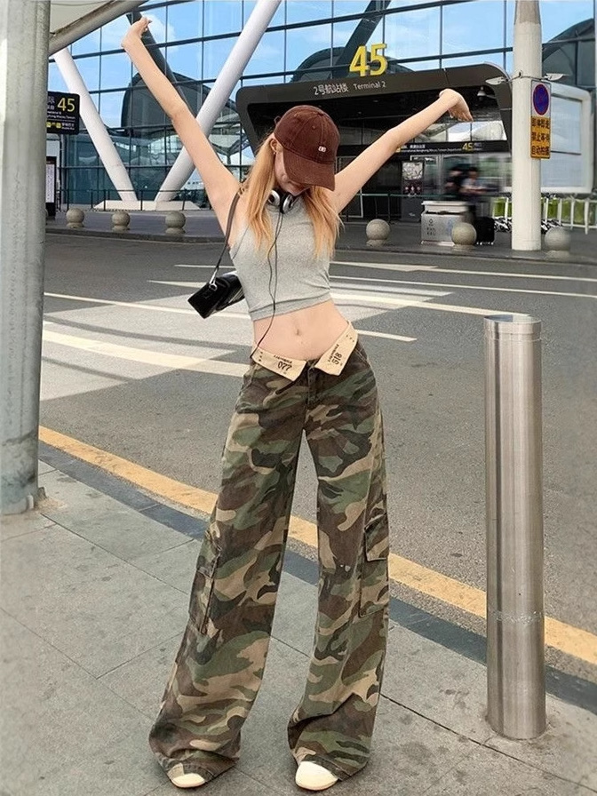 American Style Spice Girl Camouflage Tooling Jeans Women's Summer Flanging High Street Design Sense High Waist Straight Slim Wide Leg Pants