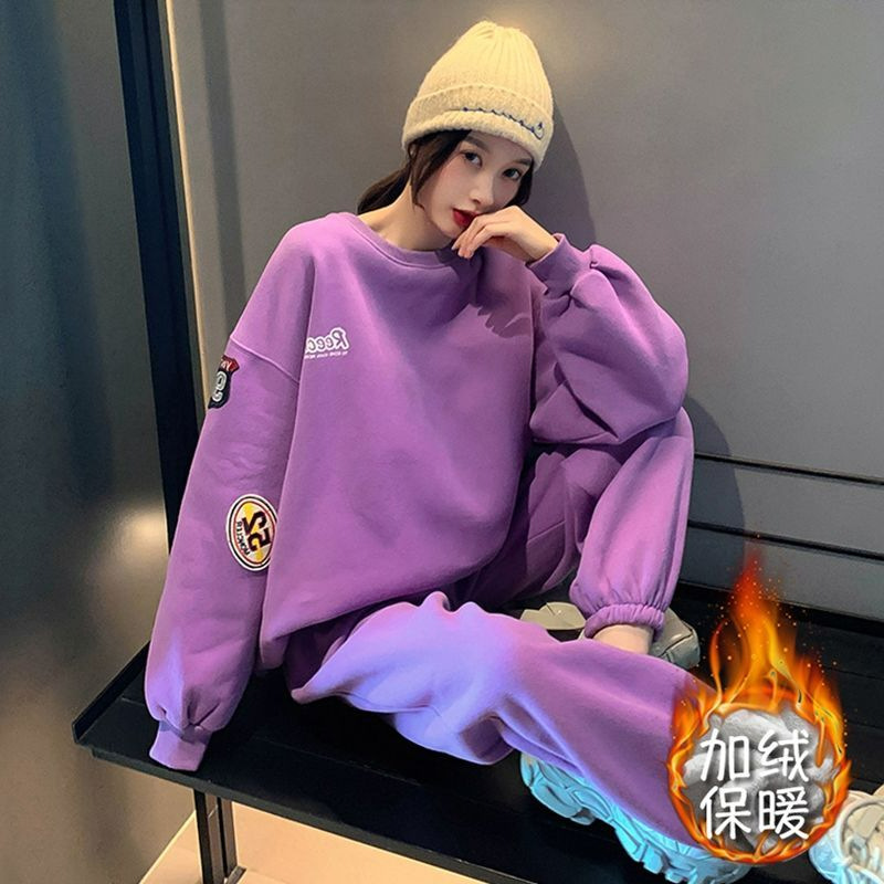Autumn and Winter advanced fleece-lined thickened sports sweater two-piece fashion suit loose wide leg trousers suit women's clothing