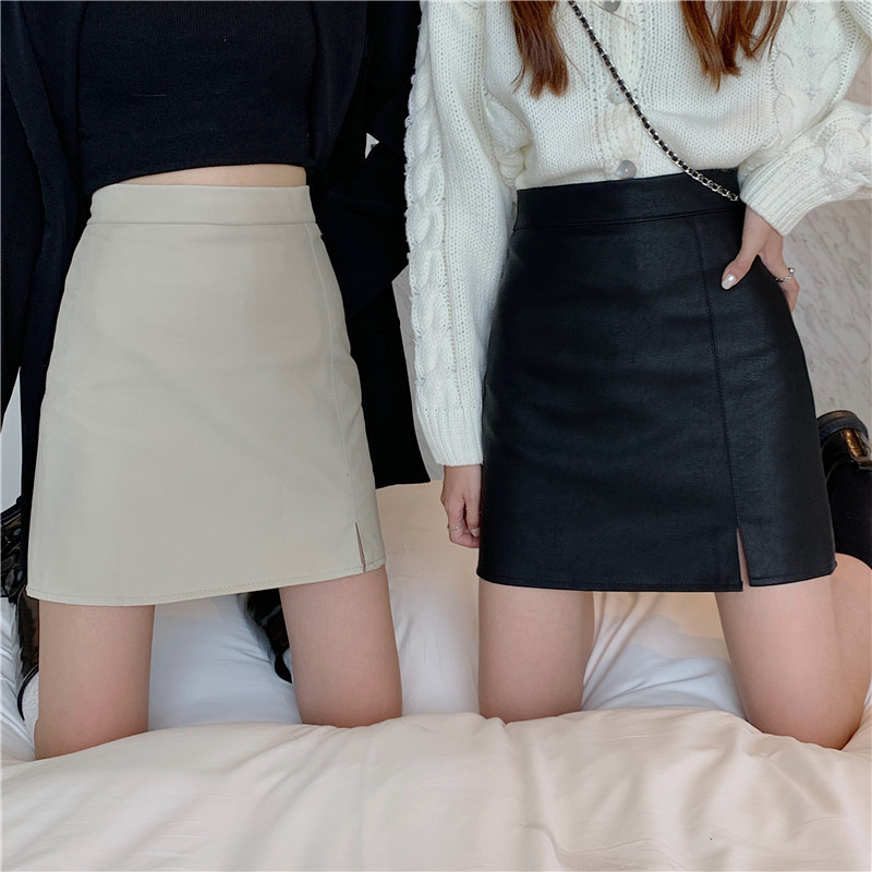 2023 New Autumn and Winter pu Small Leather Skirt Women's High Waist Slimming Short Skirt Temperament Design Sense Split A- Line Skirt