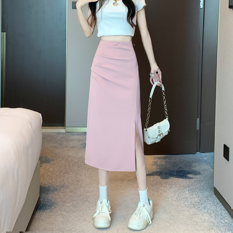 High Waist Slimming Mid-length Pleated Skirt Women's 2024 Summer Knee-high Waist All-match Hip Covering A- line Skirt for Women