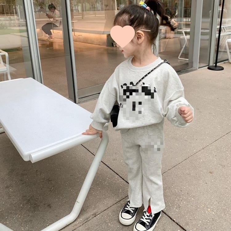 Girls Korean Sports Suit Spring & Fall Simple Letter Sweatshirt Casual Pants Two-Piece Set for Children and Middle-Aged Children Trendy and Fashionable