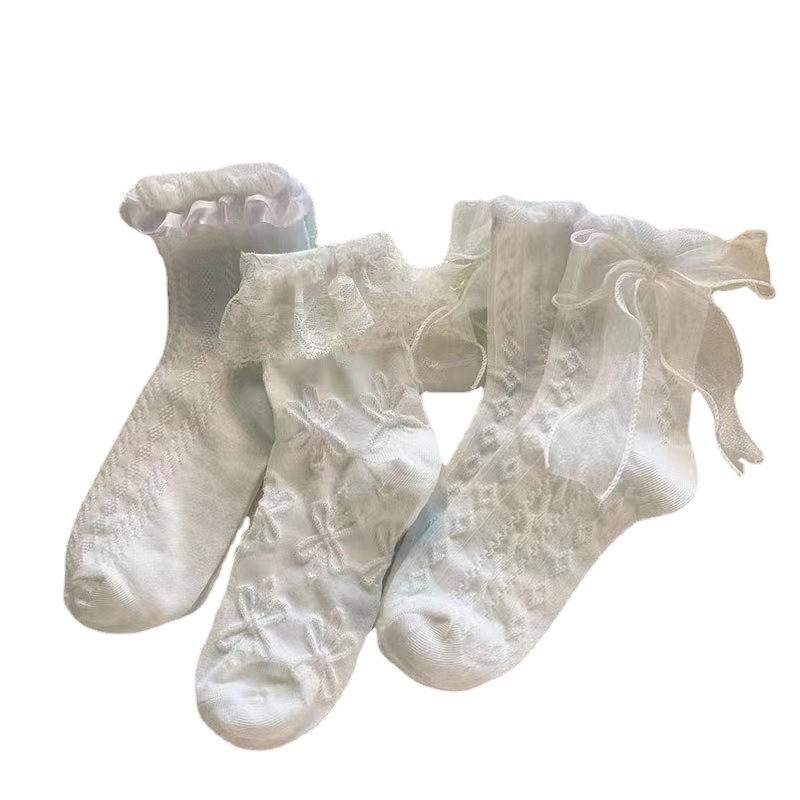 Simple White Bow Lace Socks Children's Mid-length Socks Summer Thin Japanese Sweet Lolita Lace JK Socks