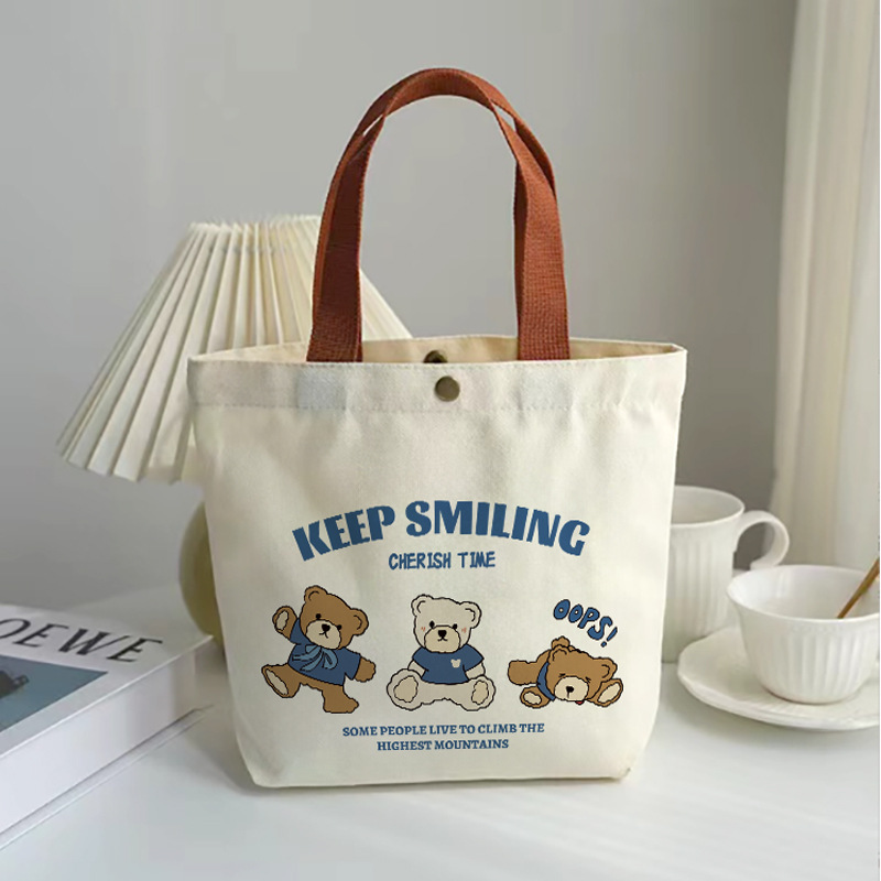 Bear Canvas Bag Small Handbag Female Student Lunch Box Bag Simple Handbag Canvas Bag Office Worker Lunch Bag