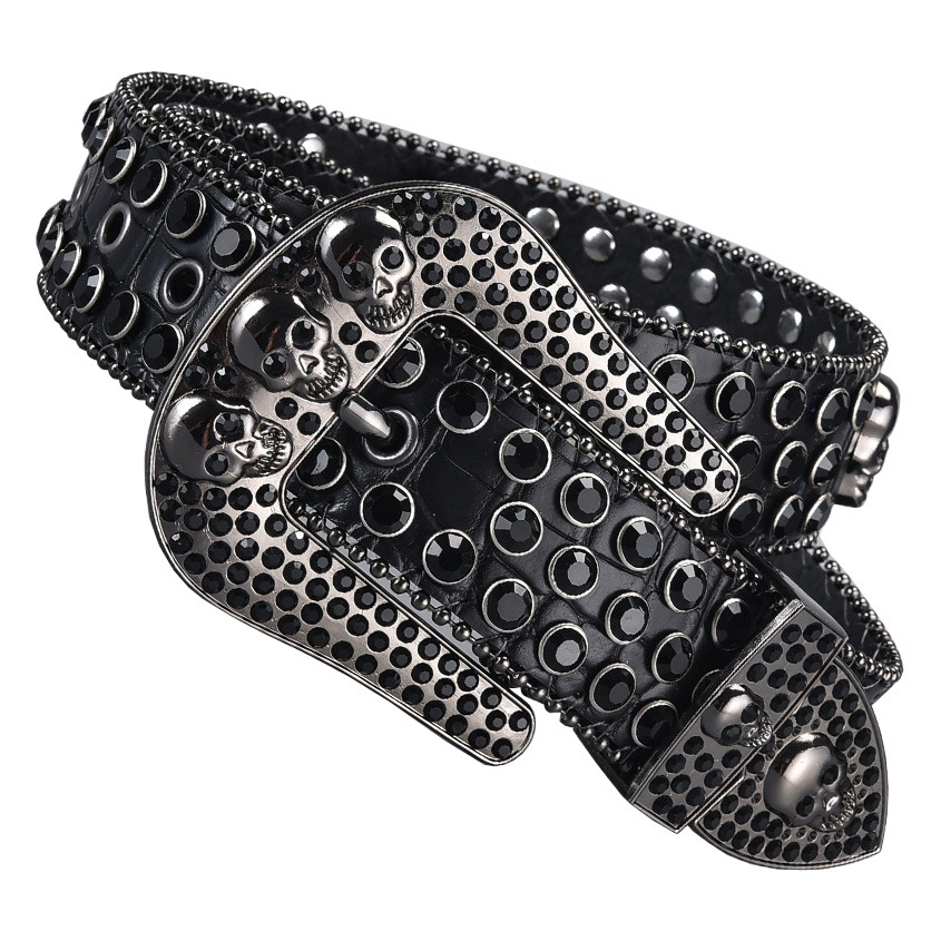 European and American dark skull rhinestone belt high-end pin buckle inlaid full diamond sequins hip hop punk decorative wide belt