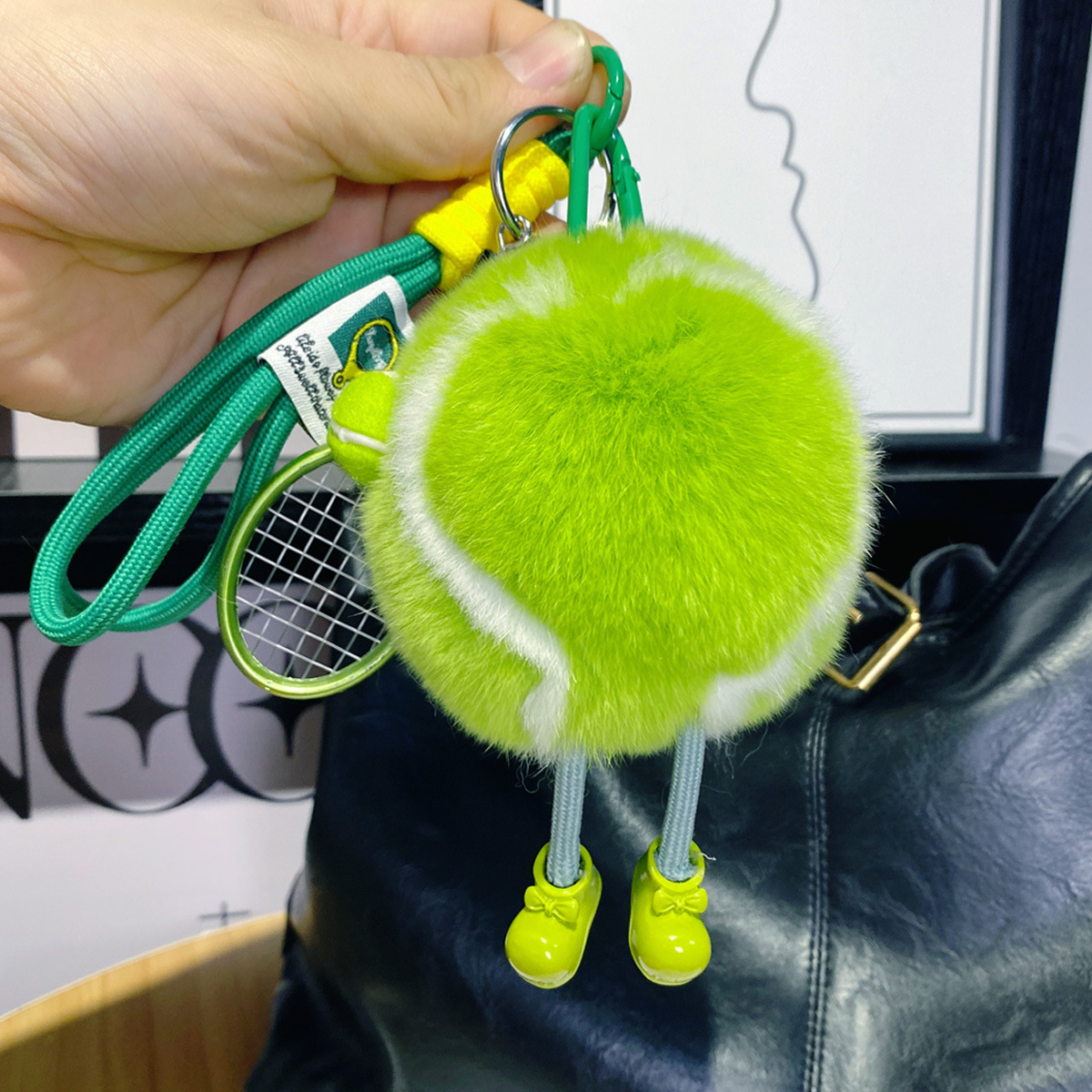 Real Rex Rabbit Fur Wearing Shoes Plush Tennis Doll Racquette Student Schoolbag Bag Hanging Keychain Lanyard Gift