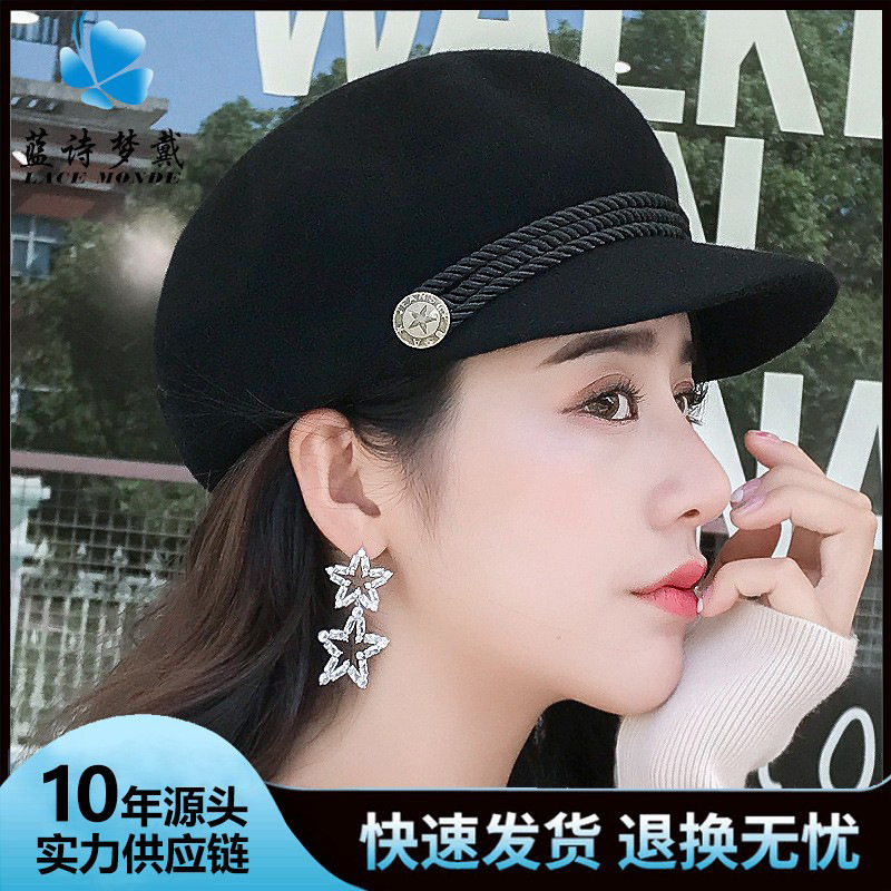 Hat Women's Autumn and Winter Wool Octagonal Hat Fashionable Warm Woolen Peaked Hat British Easiest for Match Beret Wholesale Customization