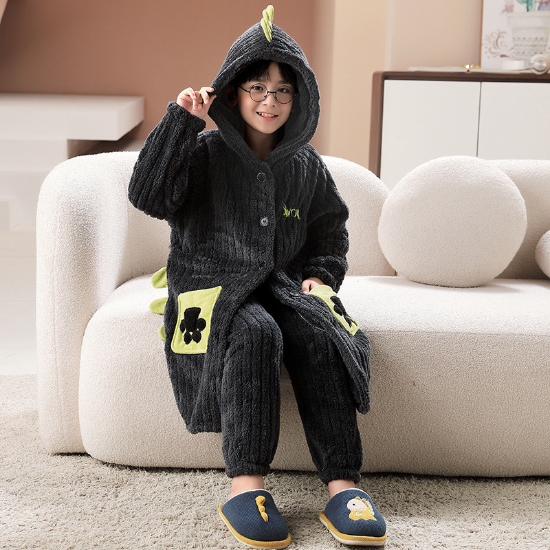 Bathrobe autumn and winter New coral fleece boys' thickened long nightgown girls' cute flannel warm homewear