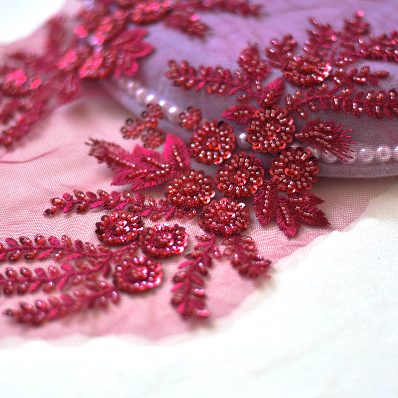 High-density Bead Tube Bead Sequins Lace Flower Branch Leaf Lace Accessories Headwear DIY Wedding Dress Xiuhe Fabric