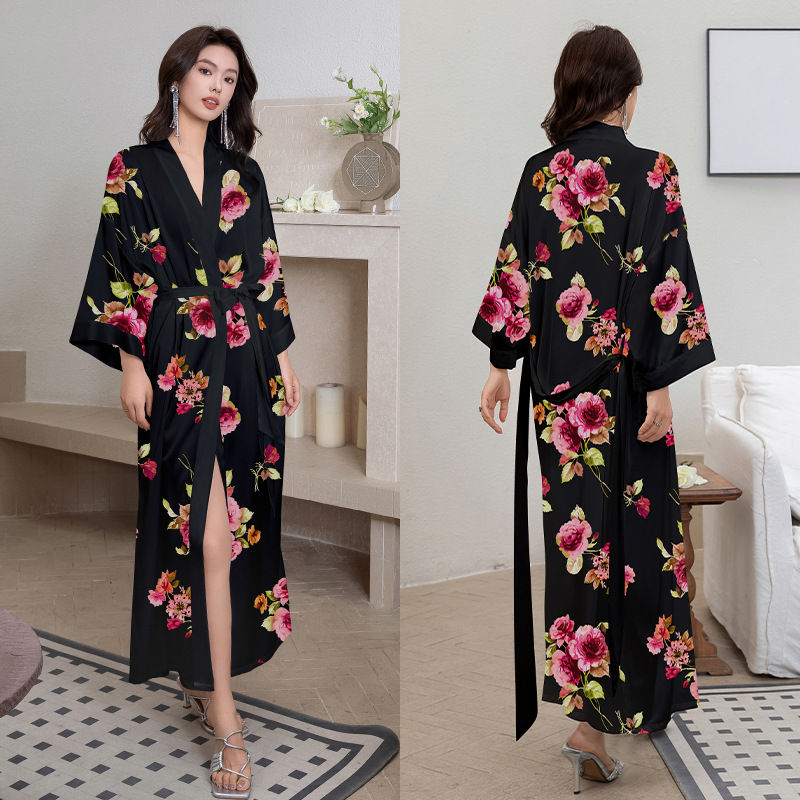 Picture of Yaoting Satin Printed Pajamas for Women Summer Large Size Accessible Luxury Three-Quarter Sleeves Cool Long Nightgown Home Wear Women Wp2669