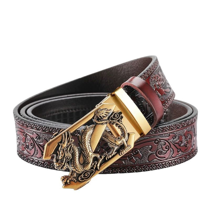 Aggressive Tang Grass Pattern Carved Men's Automatic Imitation Copper Buckle Belt Live Hot Selling Z Dragon Embossed Belt