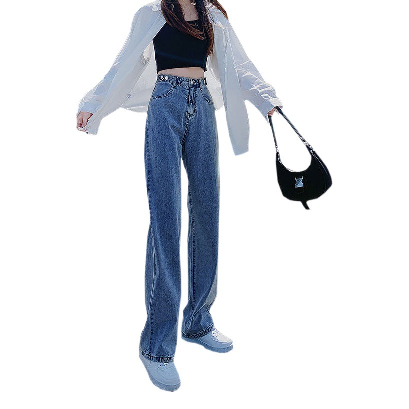 Korean Style High Waist Jeans Women's 2021 Summer New Adjustable Wide Leg Pants Loose Slimming Straight Floor Long Pants
