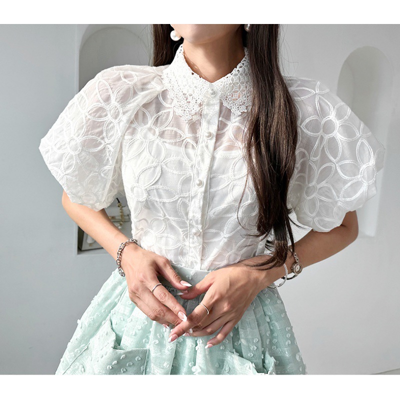 Picture of Multiplication New Early Autumn Fashion Puff Sleeve Two-piece Set Lapel Women's Shirt Fashion Two-piece Set