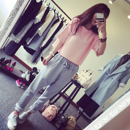 2025 Spring New Korean Style Short-Sleeved T-Shirt Casual Harem Nine-Point Pants Two-Piece Set Bestie Sister Sports Suit
