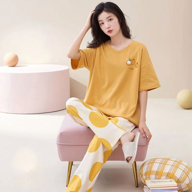 Summer Pajamas for Women, Imitation Cotton Round Neck, Short-Sleeved Trousers, Home Clothes, Thin Casual, Can Be Worn Outside, Spring & Fall Large Size Suit