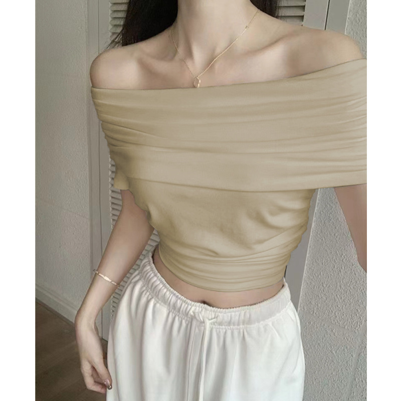 Picture of Shoulder Collar Chic Beautiful Knitted Top 2024 Summer New Slim-fit Slimming Sexy Short-sleeved Shirt for Women