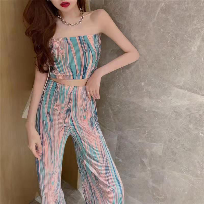 South Korea Super Fire Fried Street Two-Piece Tie-Dye Short Strapless Women's Dipping Loose Wide-Leg Pants Summer Suit