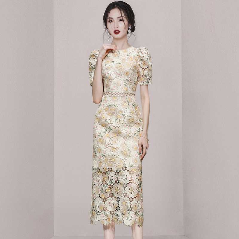 2025 Summer New Fashion Embroidery Printed Lace Hollow Waist Revealing Puff Sleeve Elegant Dress Women