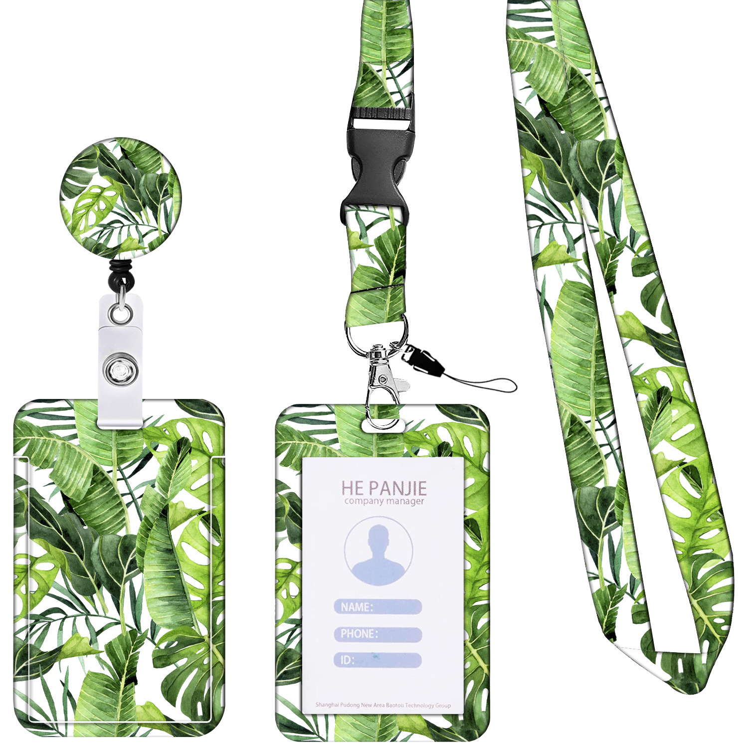 Hand-painted Summer Leaf flower leopard cactus print card holder mobile phone ID lanyard push-fit card holder