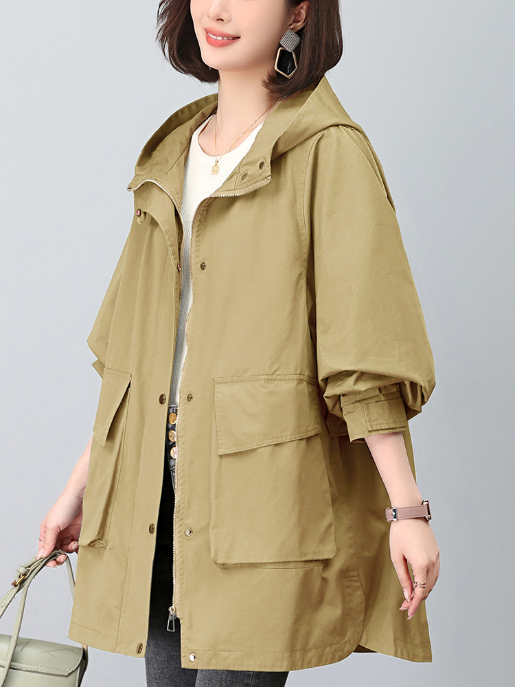 Windbreaker Coat Women's Mid-length 2024 New Spring Hooded Mother Loose Casual Fashion Age-reducing Pure Cotton Top