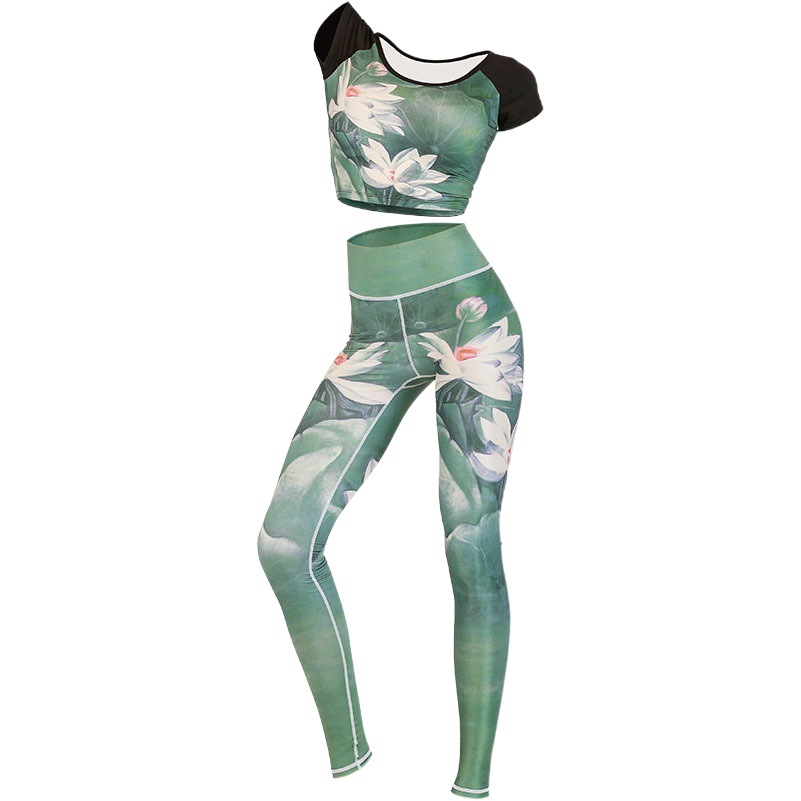 Summer Outdoor Navel-Baring Quick-Drying Sports Yoga Clothes for Women Short-Sleeved T-Printed Yoga Clothes Suit Cross-Border Spring European