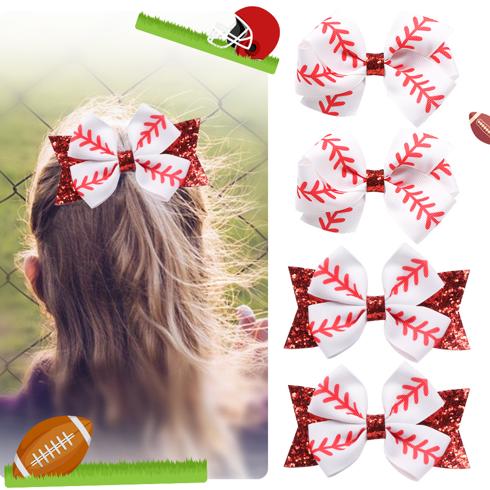 European and American sports baseball printed hairpin red glitter glitter glitter side clip ribbon bow full bag clip